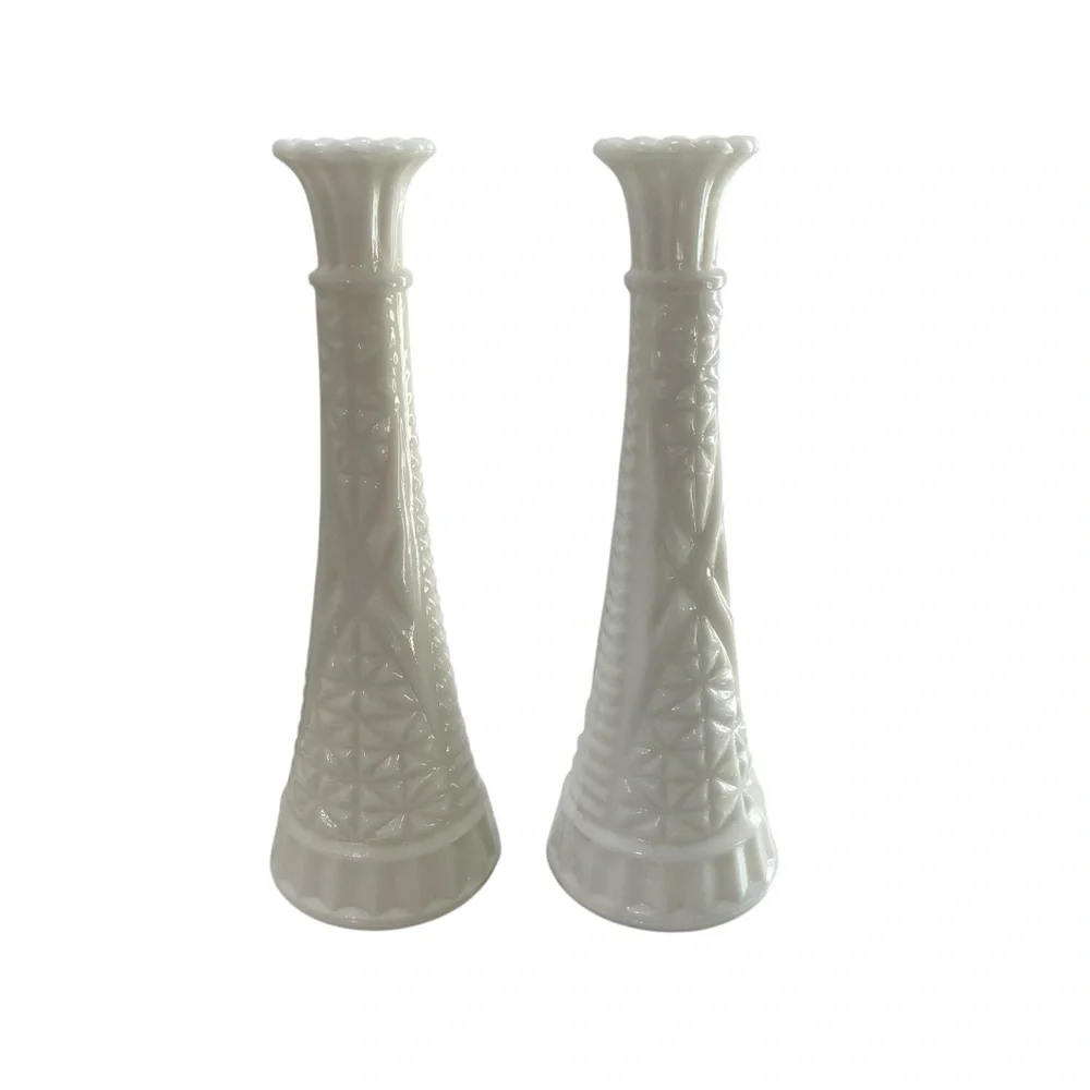 Vintage MCM Design Anchor Hocking Stars Bars Milk Glass Bud Vases set of 2 ivory